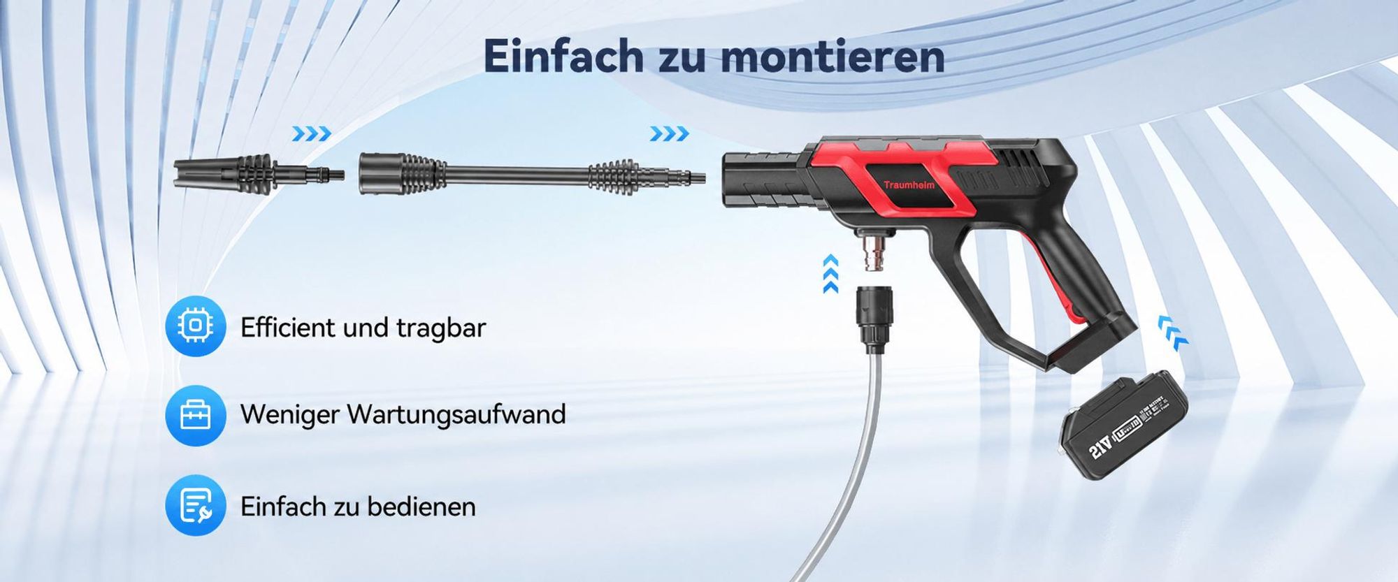 Akku Hochdruckreiniger, Pro Max Pumpenkörper,120BAR Starker Wasserdruck mit Verlängerungsstange,6-in-1 Düse, 0-180°Düse,KFZ-Reiniger mit 2x 4,0Ah Akku
