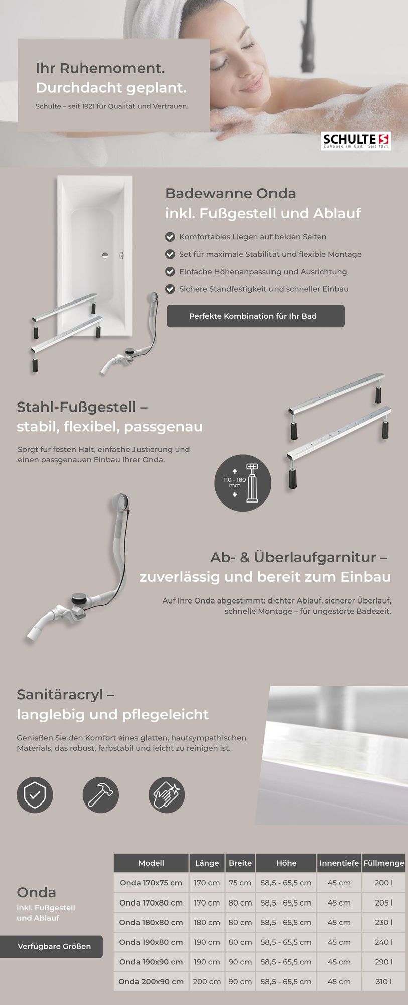 Schulte Badewanne Modell Onda, Weiß Sanitäracryl, 200x90 cm, inkl. Fußgestell und Ab- und Überlauf