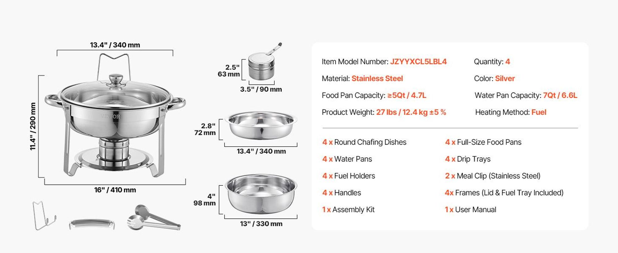 VEVOR Warmhalteteller Buffet Set, 5 Qt 2er Pack, Edelstahl Chafing Dish mit 2 Vollformat-Pfannen, runder Catering-Wärmer mit Glasdeckel, Wasserpfanne, klappbarer Ständer, Brennstoffhalter, für Hochzeitsfeiern, Bankett, Silber, Silber-4Stück