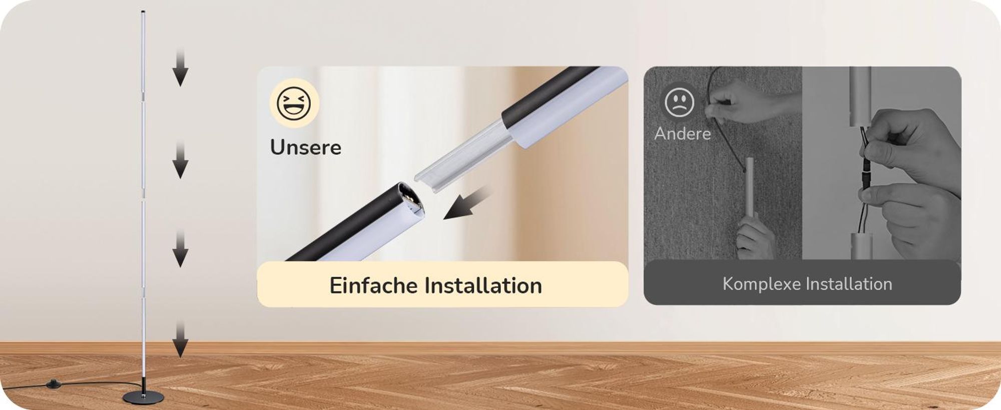 EDISHINE Stehlampe Wohnzimmer Schwarz, LED Stehleuchte mit 3 Farbtemperaturen & stufenlos dimmbar, höhenverstellbar 152 cm, Ecklampe für Schlafzimmer