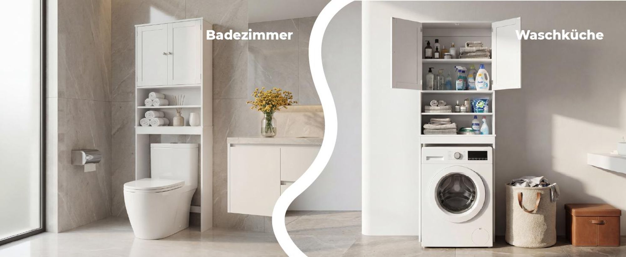 FCH Waschmaschinenschrank, Toilettenschrank mit 2 Türen, 2 Verstellbarer Ablage, für Waschmaschine und WC, 64.6 x 26 x 190cm, Weiß
