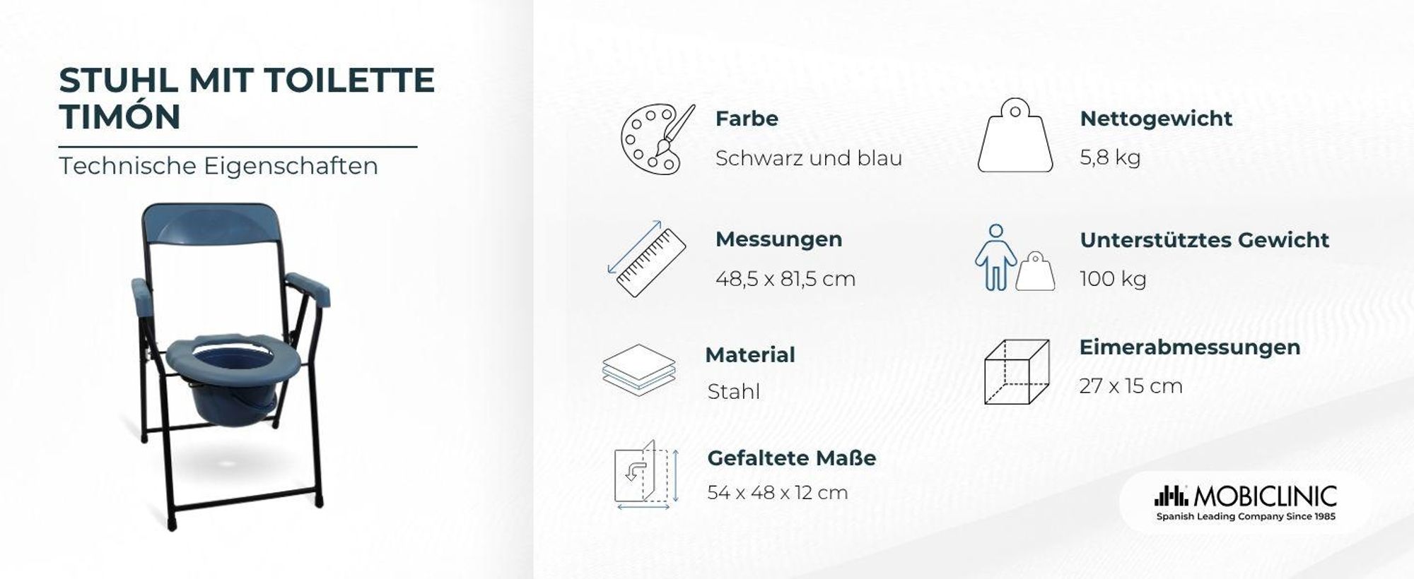 Toilettenstuhl WC-Stuhl für Senioren Mobiclinic Faltbarer WC Sitz Ergonomischer Sitz mit Armlehnen Toilettenstuhl Resistent Bis zu 100 kg Timón