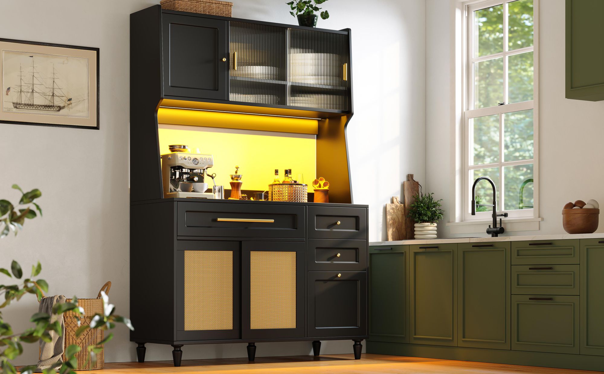 Flieks Hochschrank mit LED, 120x45x195.5 cm, Küchenbuffet mit Rattan Schiebetüren, Aufbewahrungsschrank im Landhausstil, schwarz