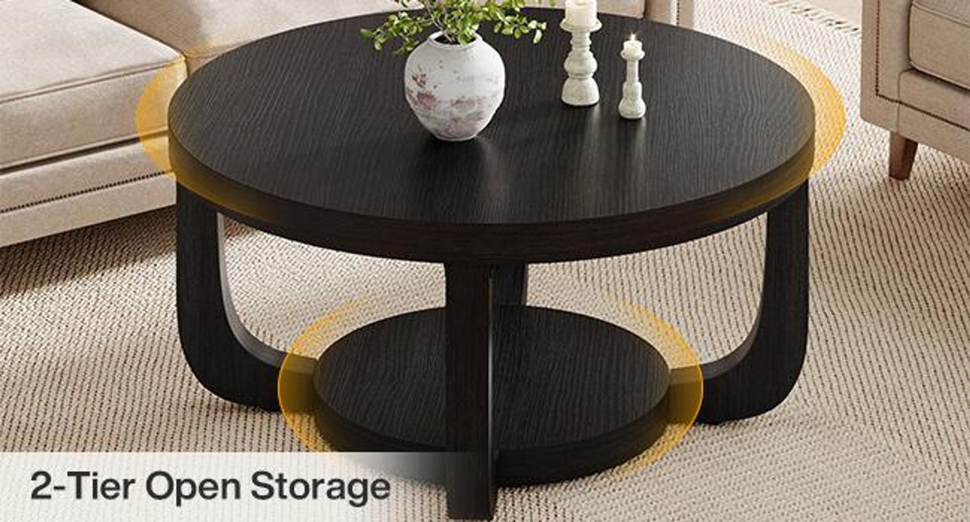 Tribesigns runder Couchtisch, 2-stöckiger runder Couchtisch mit Stauraum, Beistelltisch Holz Wohnzimmer, dicke Tischplatte Gestell, Schwarz