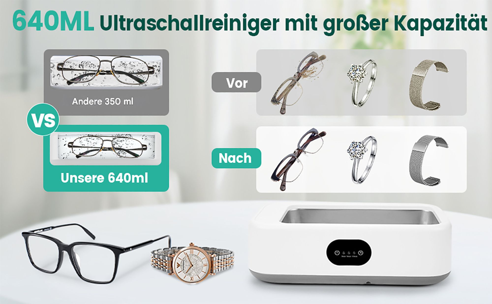 Ultraschallreinigungsgerät, 49000Hz Ultraschallreinigungsgerät Brillen, 640ml Brillenreinigungsgerät mit 3 Zeitfunktionen, Ultraschallreiniger