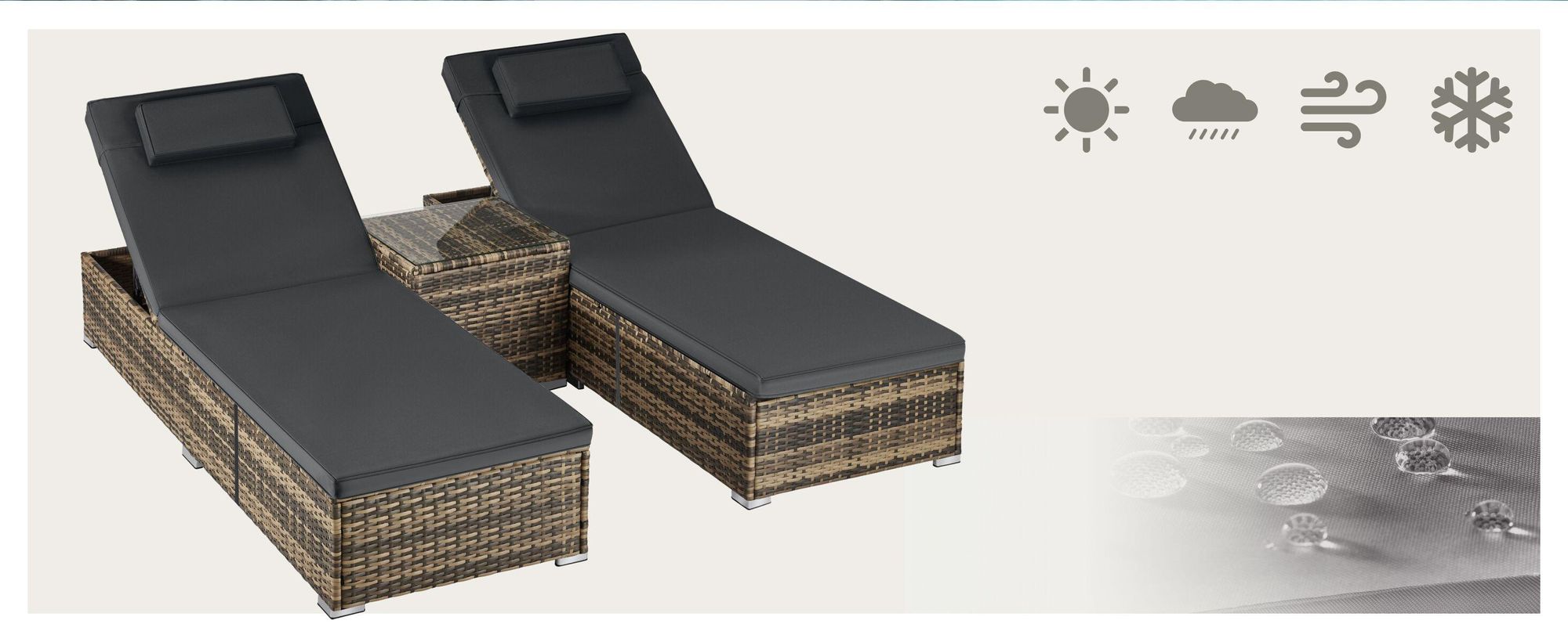 tectake®️ Rattan-Doppelliege mit Tisch Carbonera - Verstellbare Rückenlehne - 6 Neigungswinkel - Farbe Schwarz - Set 2 Liegen