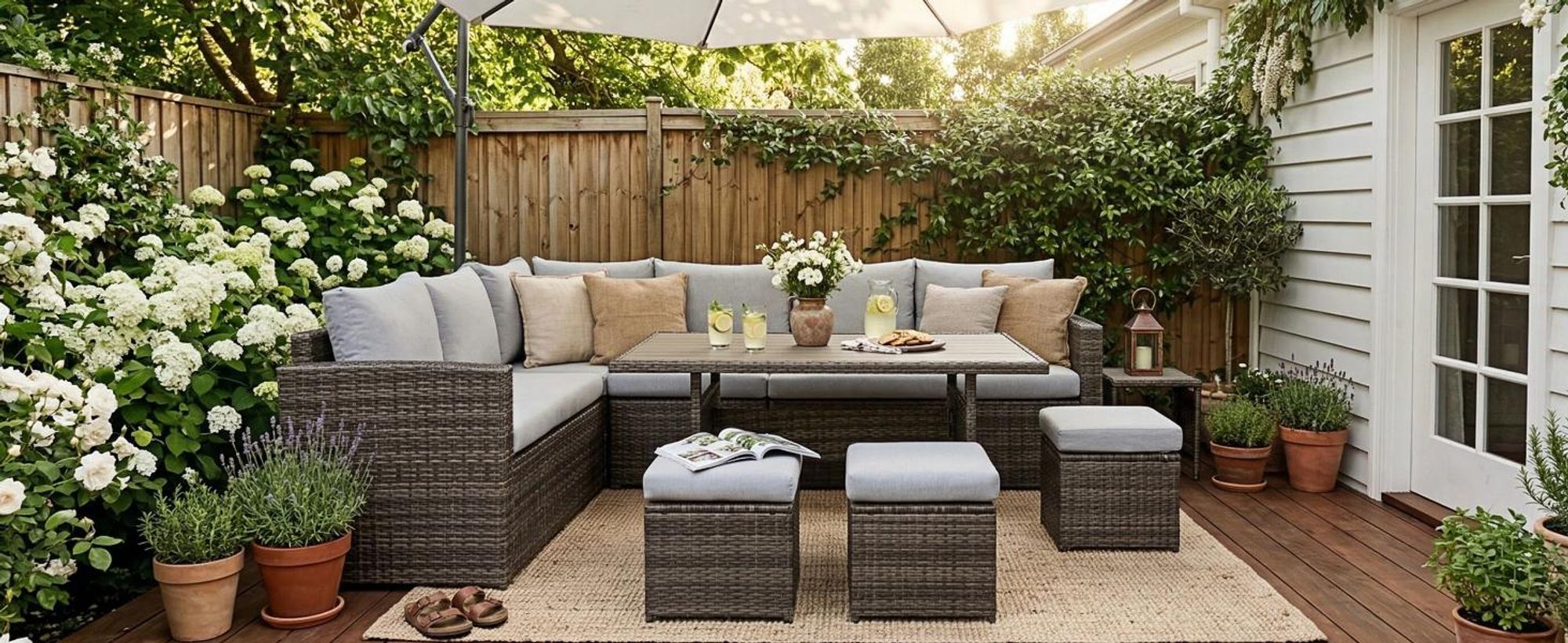MeXo Gartenlounge Set 8 Personen Lounge Gartenmöbelset Polyrattan Essgruppe wetterfest Ecklounge mit großem Esstisch 132×76×67 cm, L-Form mit 3 Hocker