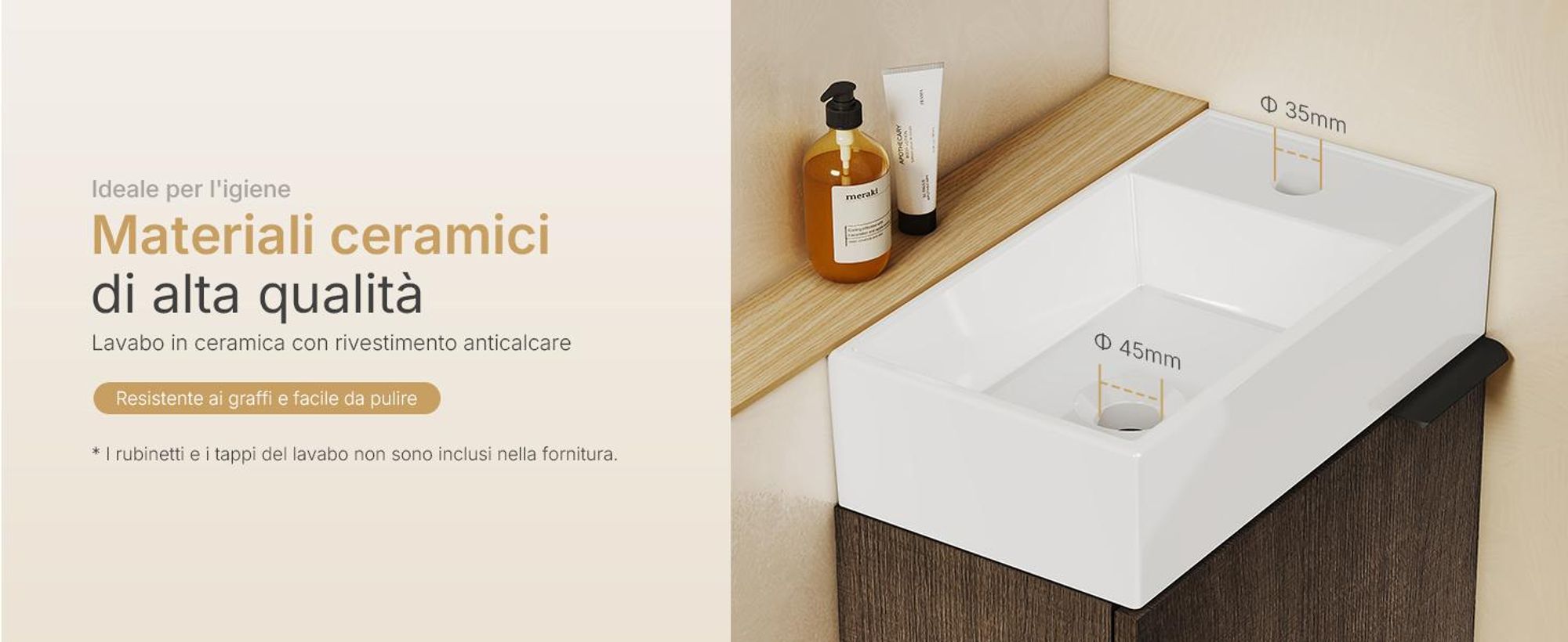 Set lavabo EMKE Mobiletto con lavabo in ceramica 417×240×646 mm sospeso, soft-close, rovere fumé