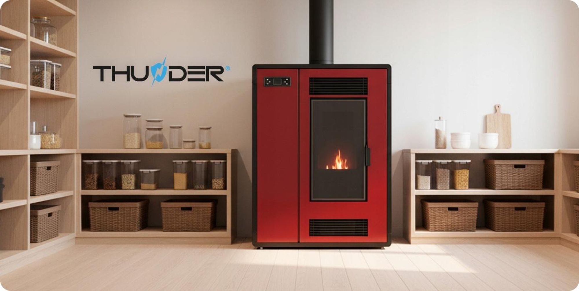 THUNDER® | ARIA RED | Piec na pellet | 12 kW | Zestaw rur przyłączeniowych Ø 80 mm | czerwony