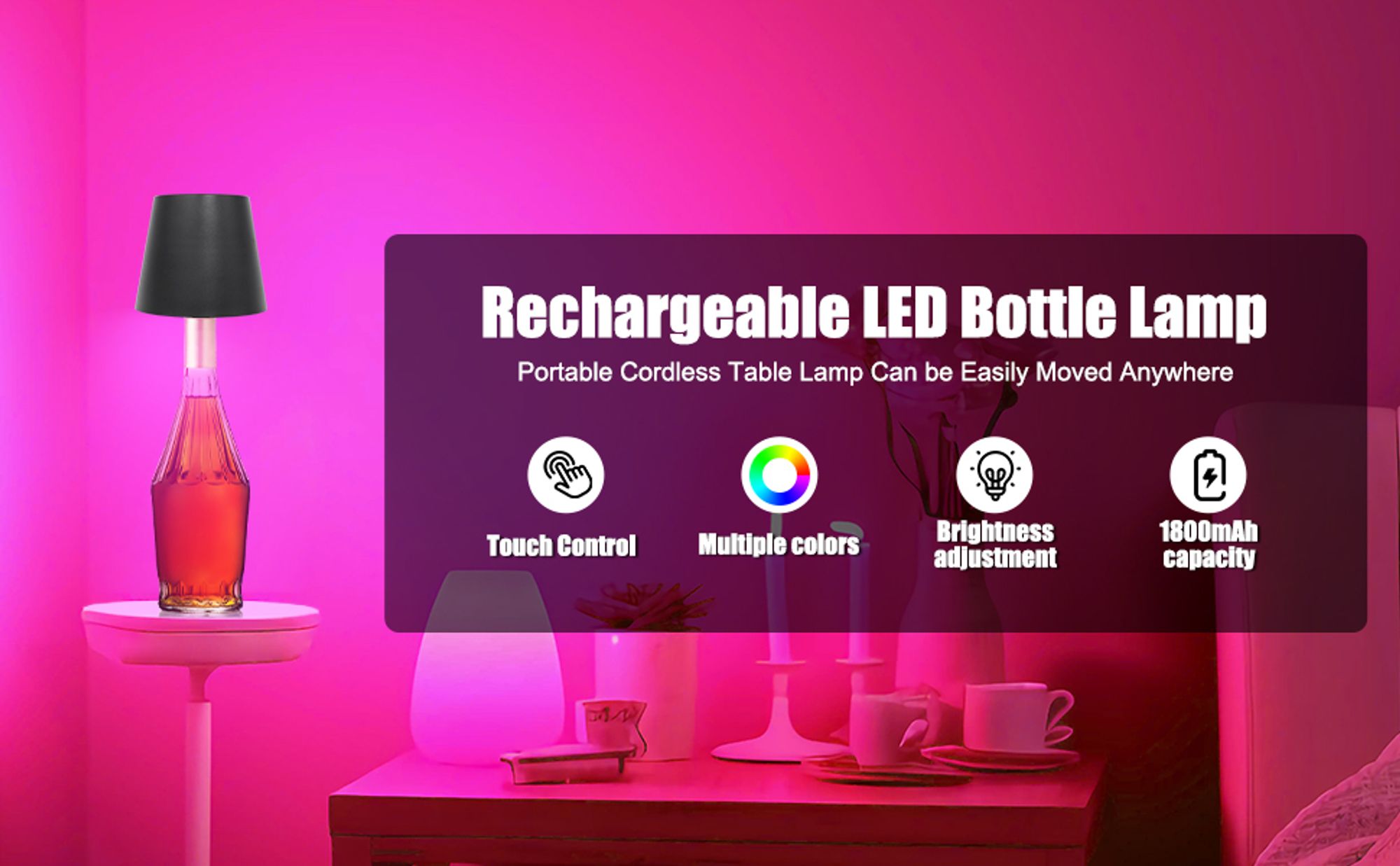 Tragbare kabellose Weinflaschenlampe, RGB-Modus einstellbar, LED-Schreibtischlampe, kabellose dimmbare LED-Tischleuchte, USB wiederaufladbar, schwarz