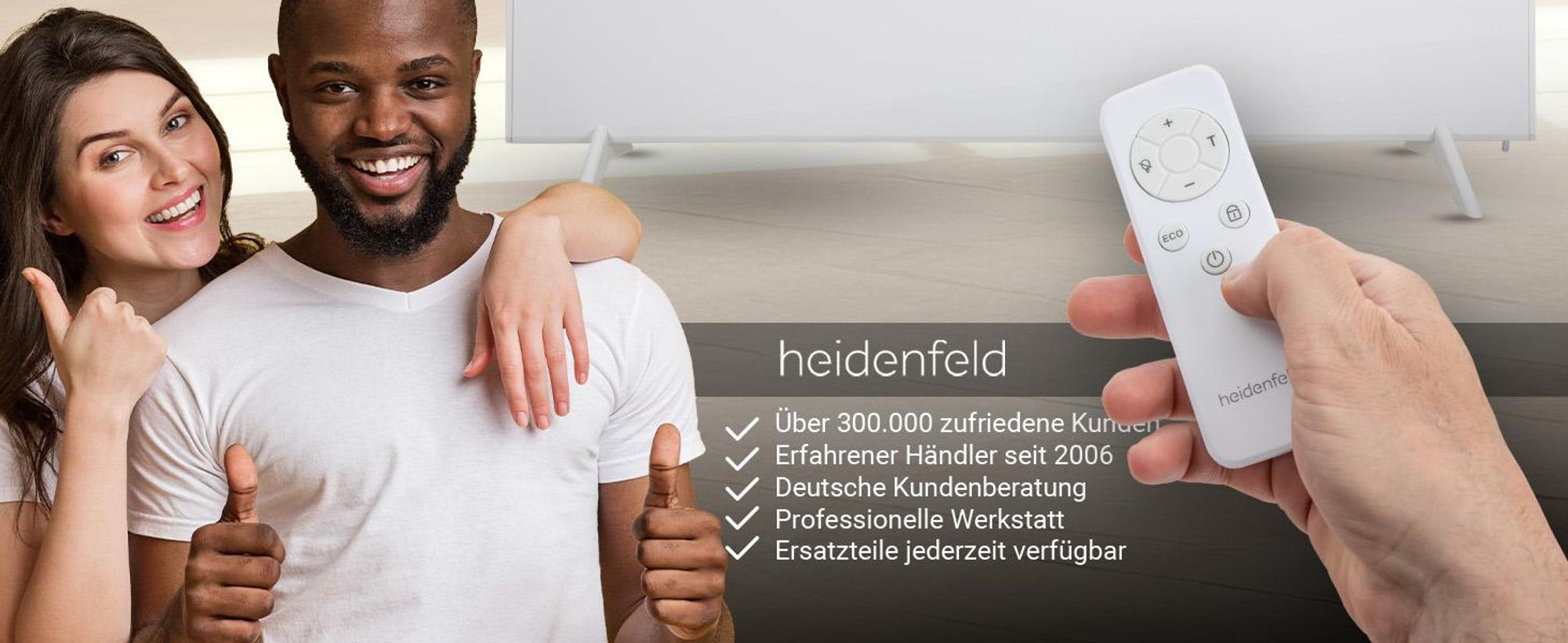 Heidenfeld Hybrid Infrarotheizung HF-HP150 | Steuerung via App - Fernbedienung - Touch-Bedienfeld - Thermostat - 1000 Watt - bis 25 m²