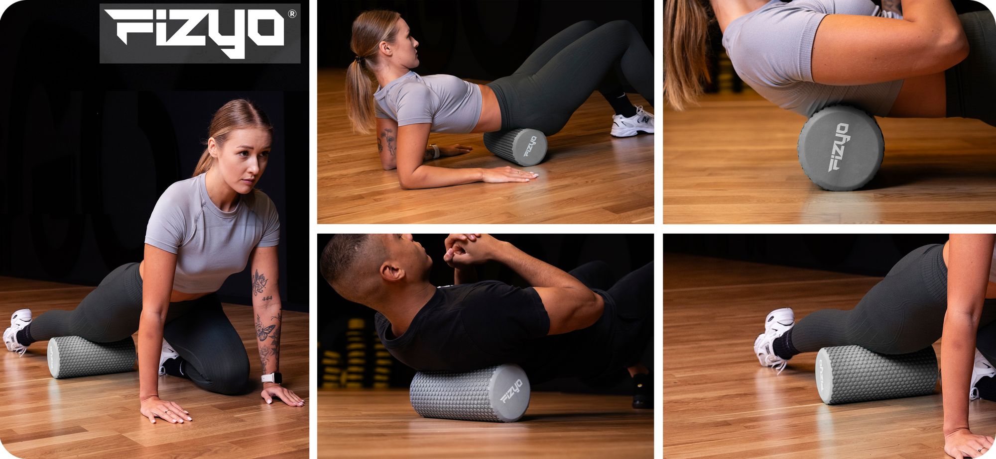 Trening Fitness z wałkiem do masażu z wypustkami 30x15 cm FIZYO — osoba wykonuje ćwiczenia