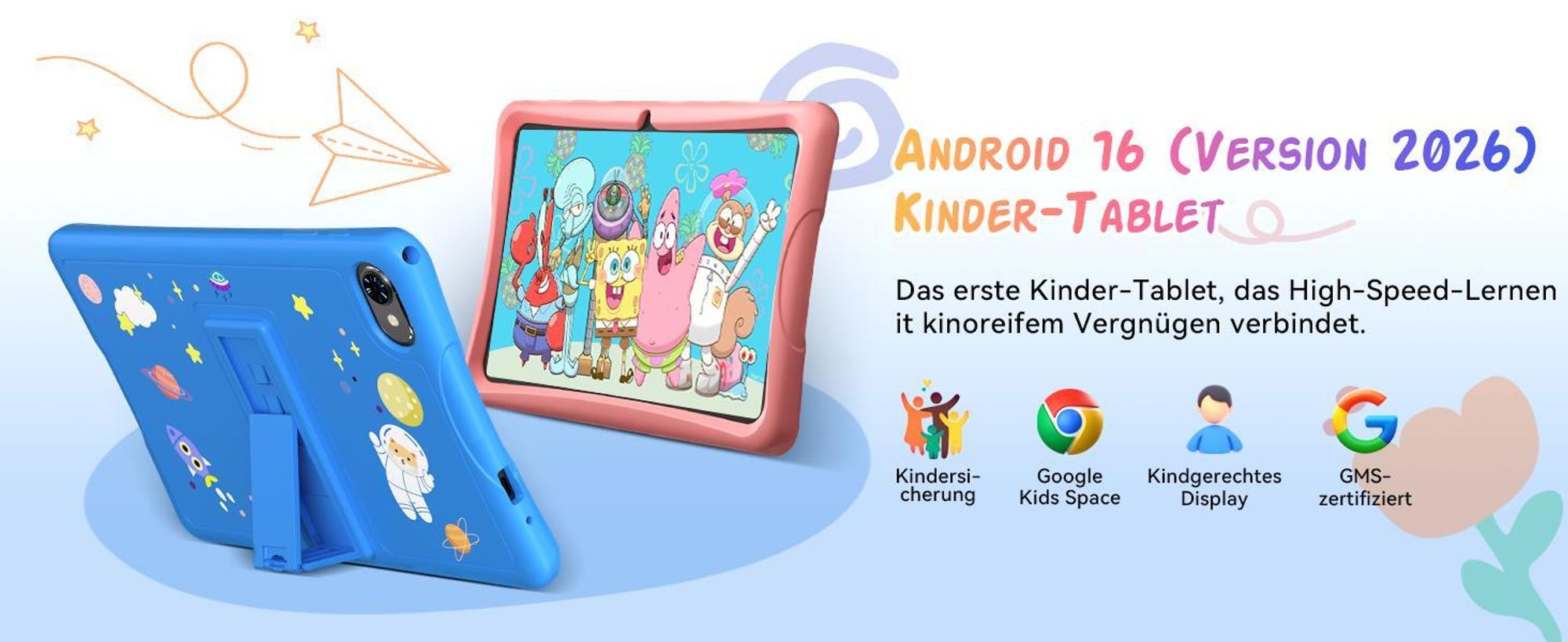 Tabwee K10 Kids 10.1" Rosa Tablet, Google Kids Space, 4GB RAM+64GB ROM, Android 15 WiFi Tablet für Kind mit Kindgerechte Hülle und Stift, 5000mAh