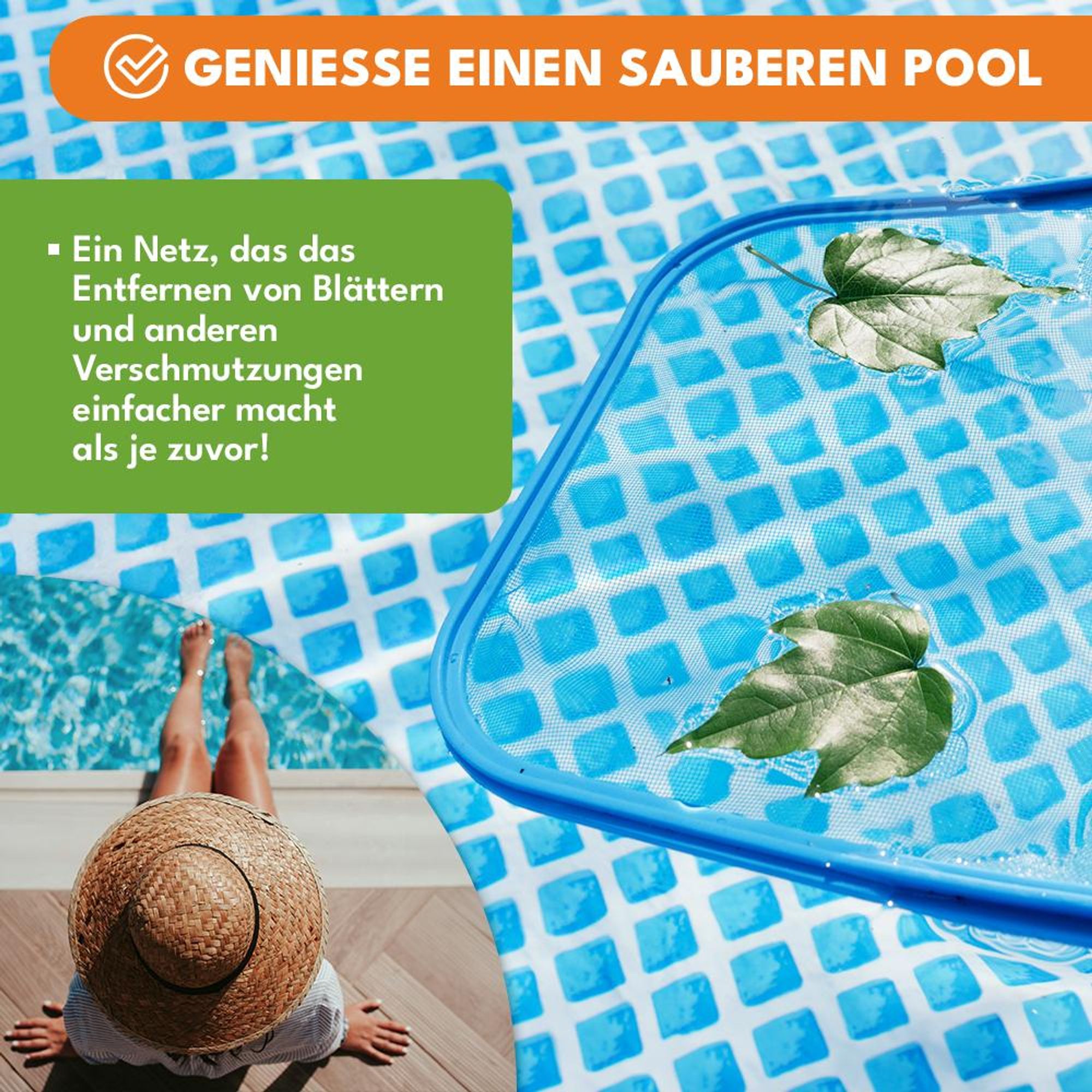 KRUMAD Poolkescher feinmaschig 41 x 28 cm, robustes Poolnetz für Blätter & Insekten, Kescher für Pool & Teich, ohne Teleskopstange, blau