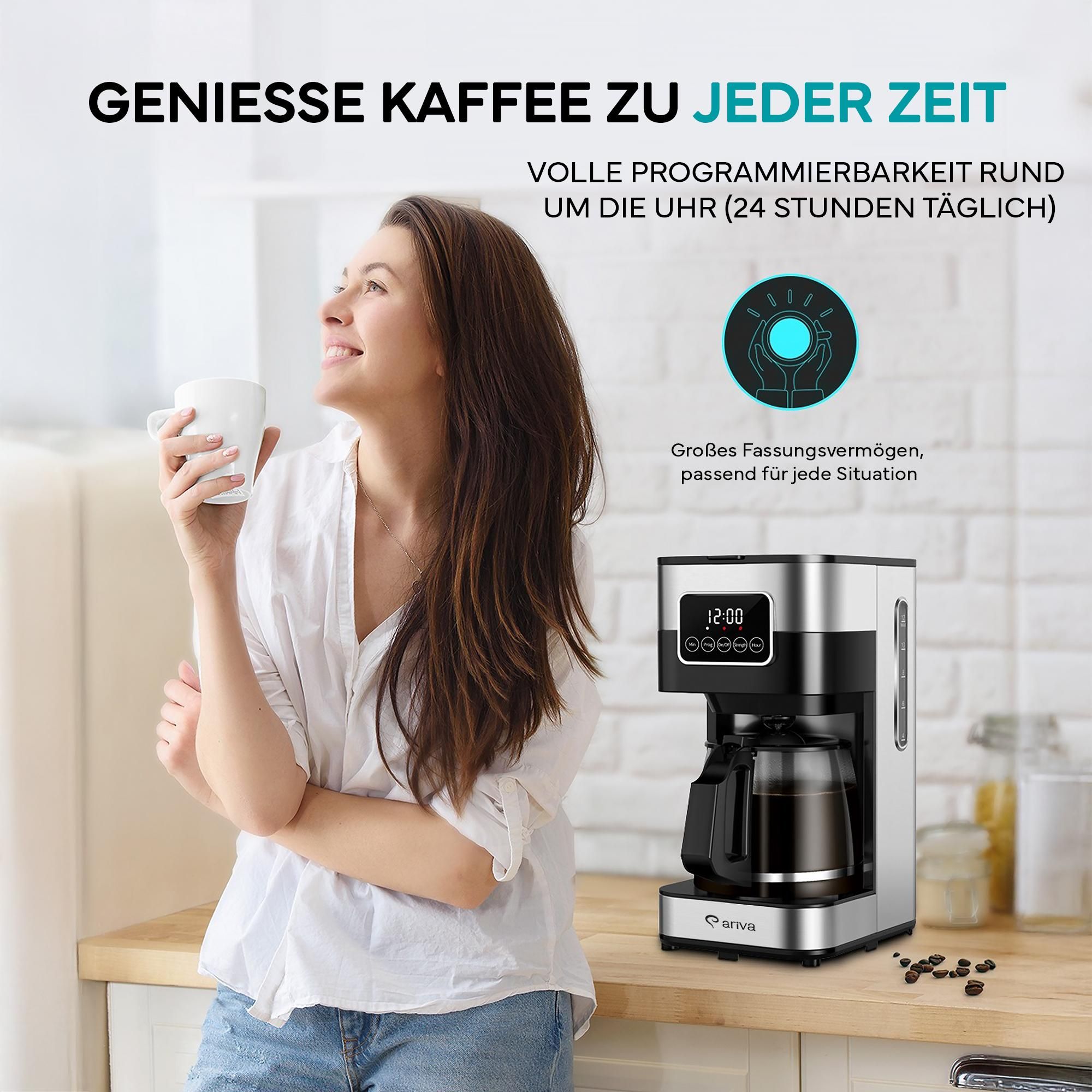 Große hitzebeständige 1,5L Glaskanne für bis zu 10 Tassen aromatischen Kaffee.
