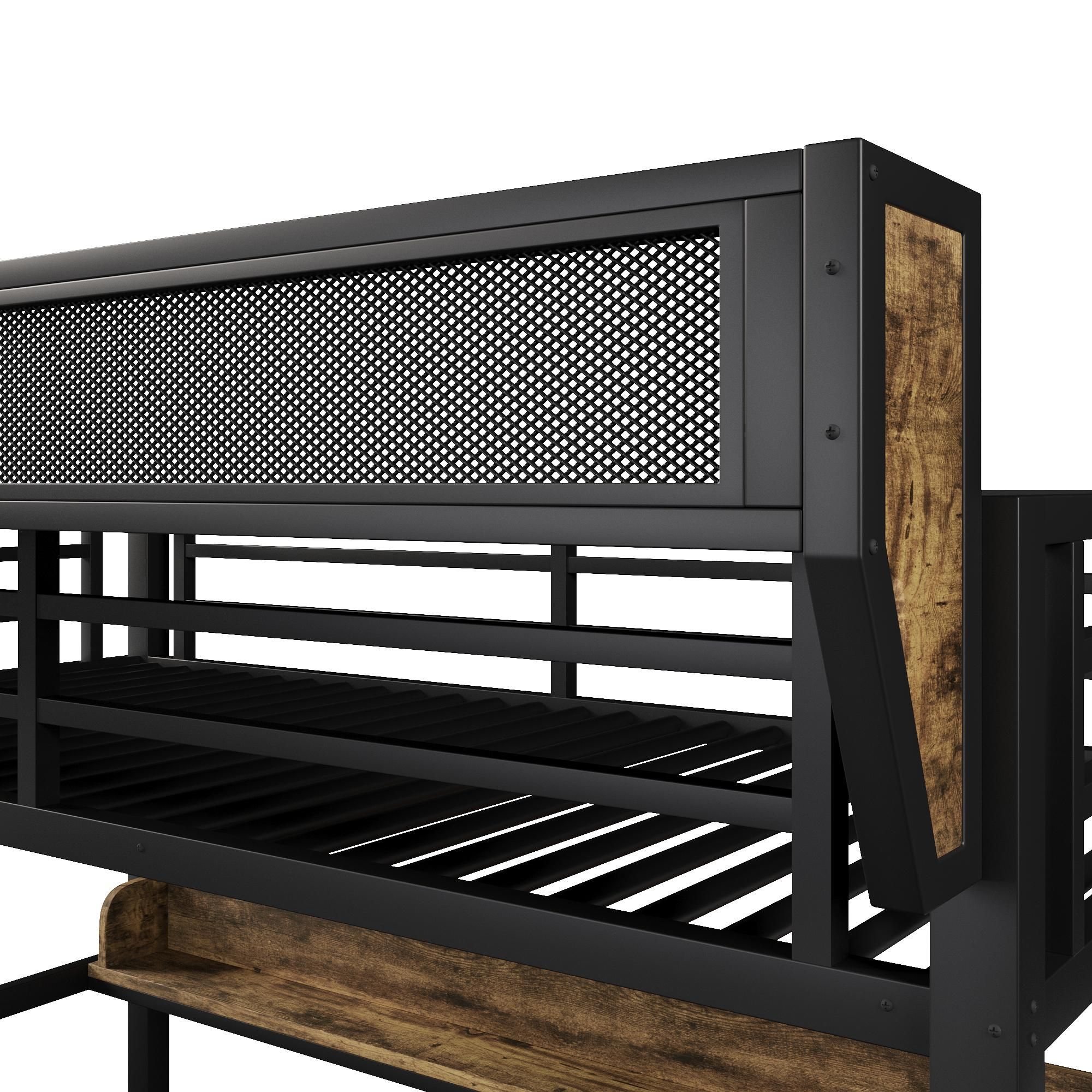 Merax Etagenbett Hochbett 90x200 cm, Metallbett mit LED Beleuchtung, 2 Schubladen, Ablagebord, Aufbewahrungskorb, Stauraum Bett, Kinderbett, Schwarz