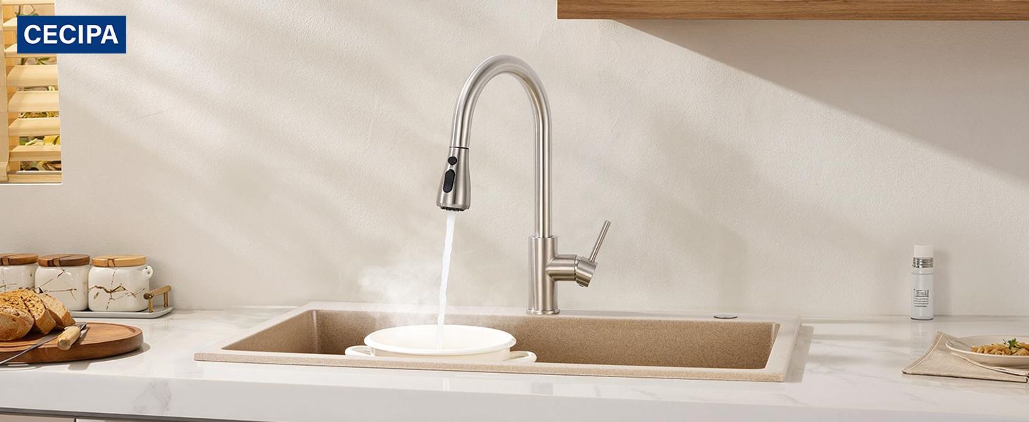 Küchenspüle 50x45 cm mit Niederdruck ausziehbarem Wasserhahn, edelstahlspüle gebürstet Set, Spülbecken mit Niederdruckarmatur, Einbauspüle, Cecipa max