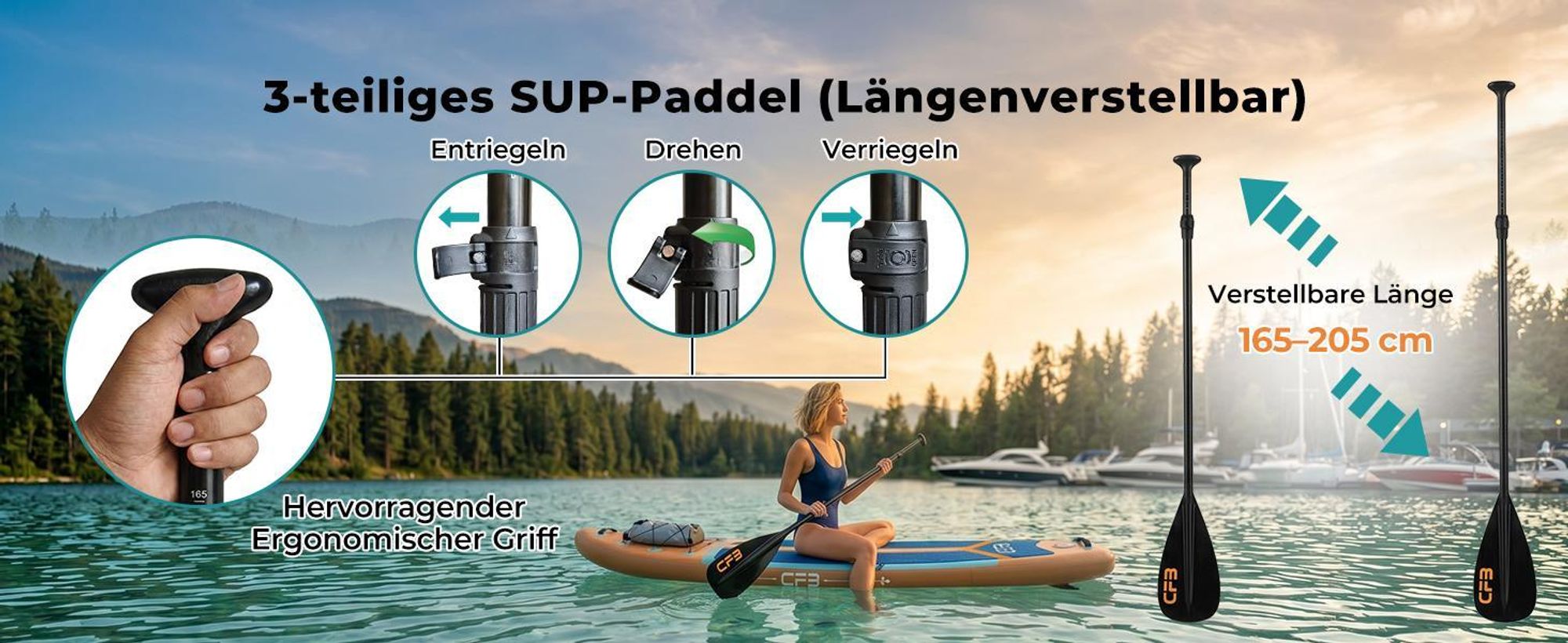 CFB Stand Up Paddle Board 335 mit 86 cm Standfläche, Bis zu 200kg, SUP Board mit Paddel, Pumpe, Rucksack, aufblasbares iSUP Set für Anfänger&Familien