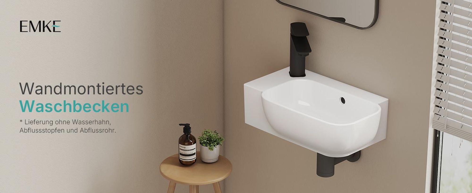 EMKE Wandwaschbecken Keramik Rechteckig 400x250mm Weiß Glänzend Abgerundetes Hänge Waschbecken mit Armaturloch & Überlauf für Gäste-WC & kleines Bad