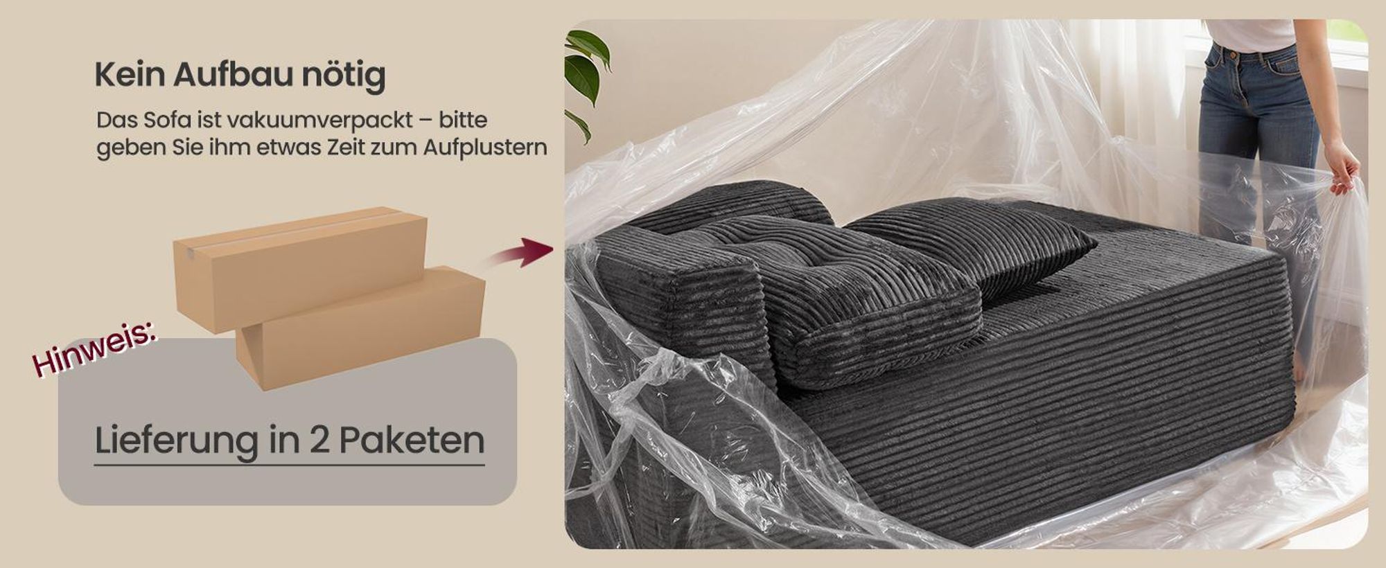 Modulares Sofa, Ecksofa mit Liege rechts, 244 cm breit, vakuumverpackt, keine Montage erforderlich, grau