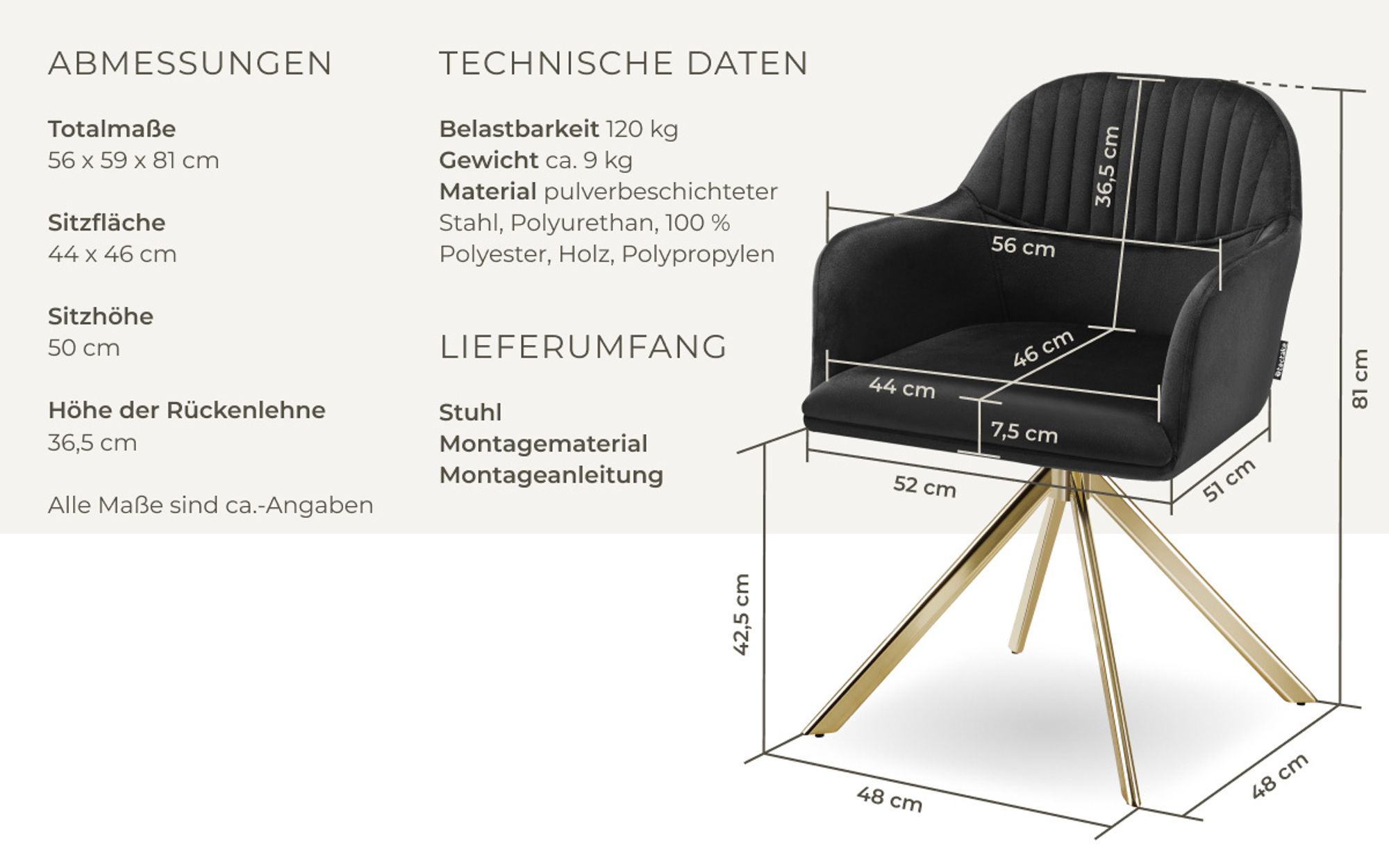 tectake® Samt-Drehstuhl Lona gepolstert 56 x 59 x 81 cm