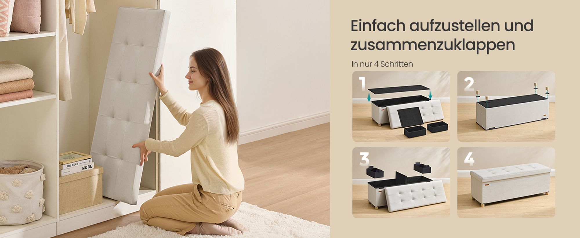 SONGMICS Sitzbank mit Stauraum, Hocker faltbar, 38 x 110 x 40 cm, Aufbewahrungsbox mit Deckel, Fußhocker 112 L, Samt, bis 300 kg belastbar