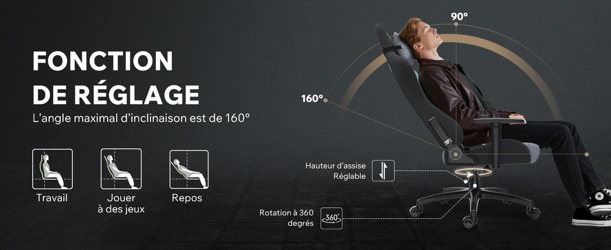 Fauteuil gaming SENSE7 Spellcaster FUKU XL en tissu gris et noir - Fauteuil de bureau ergonomique pouvant supporter jusqu'à 160 kg, avec fonction basculante et roulettes pour sols durs