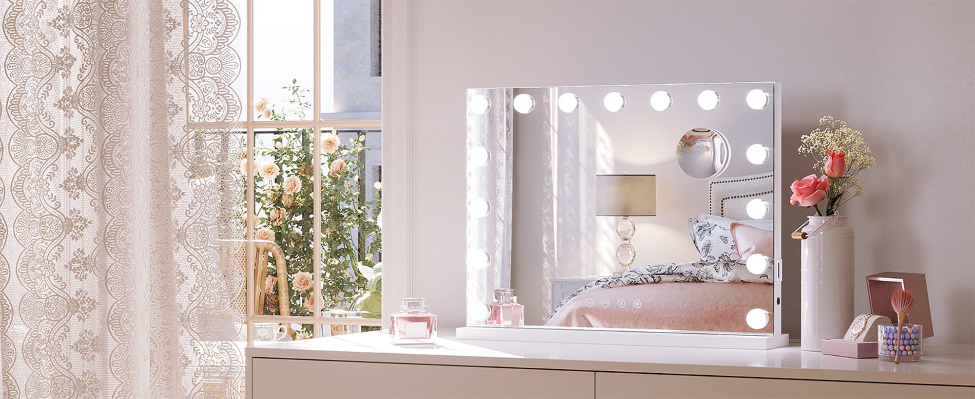 SONNI Kosmetikspiegel 58x45cm Schminkspiegel mit 3 Farbe Licht, Einstellbare Helligkeit, mit USB und Bluetooth, 10x Vergrößerung,Wandspiegl, weiß