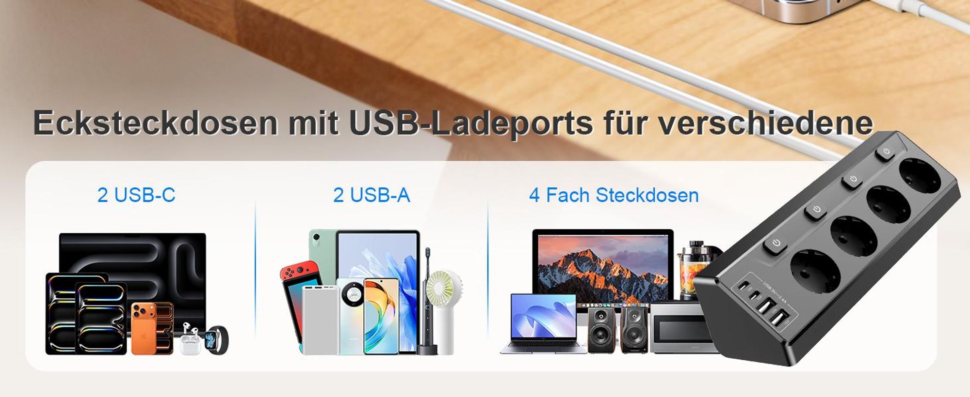 Steckdosenleiste, Steckdosenblock, Ecksteckdose, Mehrfachsteckdose, 4-fach Rund Mehrfachstecker, 4 USB (2 USB C), 2M Verlängerungskabel