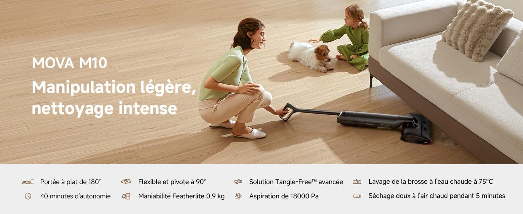 MOVA M10 Aspirateur laveur, ultra-léger 0,9 kg, design plat 180° avec rotation 90°, brosse double anti-enchevêtrement, puissance 18 kPa