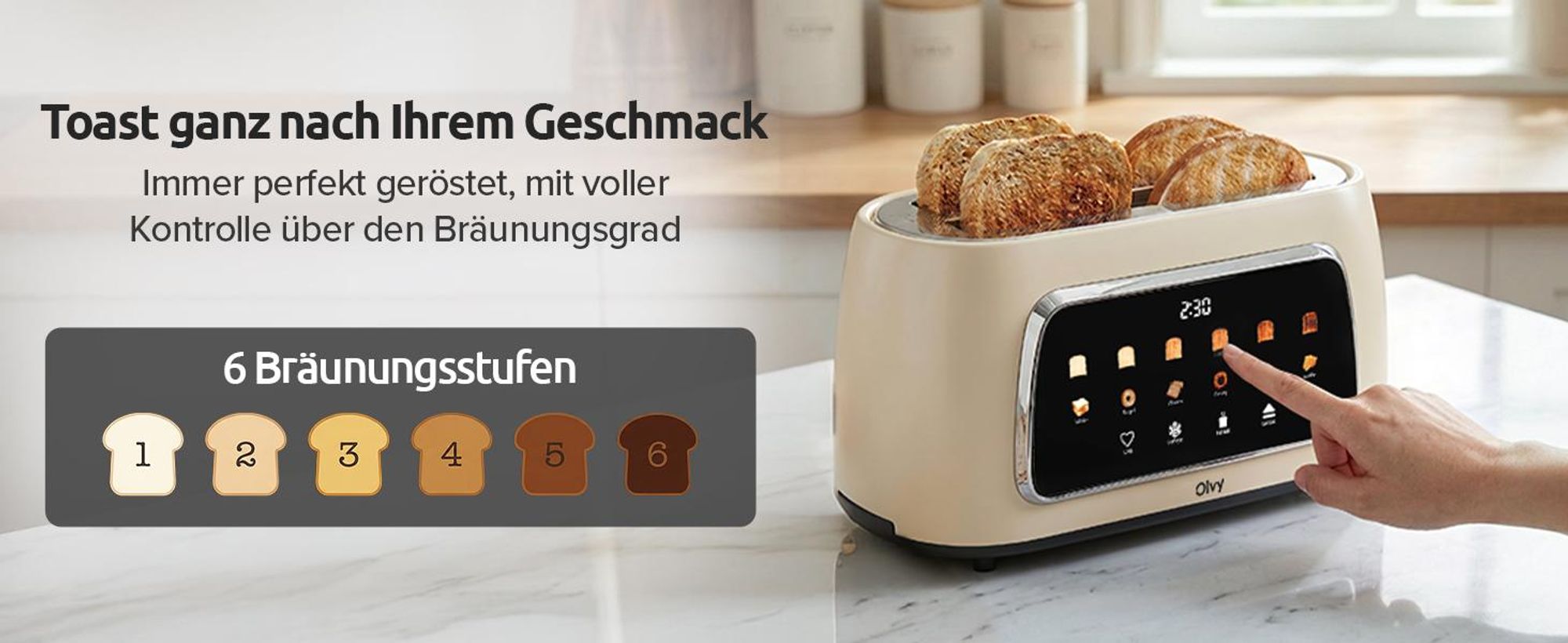 Olvy Toaster 4 Scheiben, Langschlitztoaster, Digitaldisplay mit Timer, 6 Bräunungsstufen, breite Schlitze, Auftau- und Aufwärmfunktion, 1500W, Beige