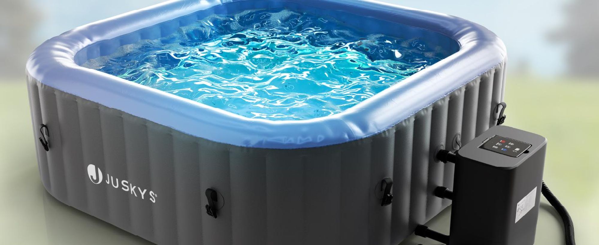 Juskys® Whirlpool SpaLuxe inkl. LED-Beleuchtung Grau/Blau - 3000W, 130 Düsen, aufblasbar