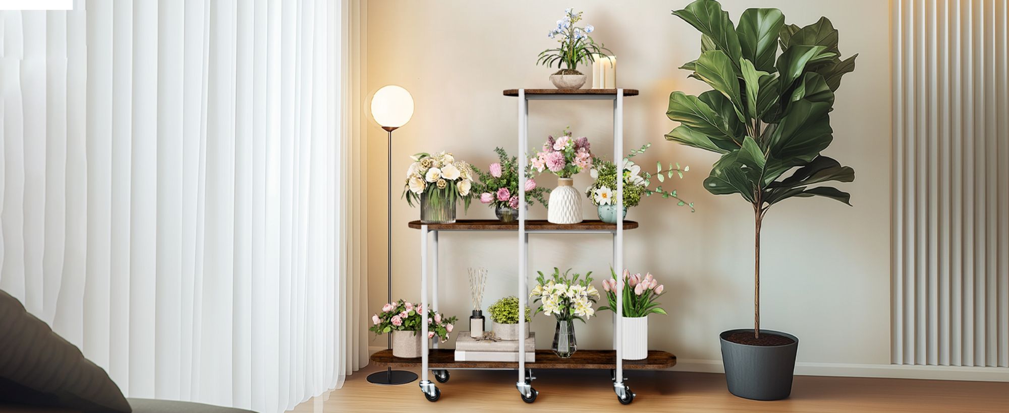 WISFOR Pflanzenregal rollbar, Blumenregal Blumenständer auf Rollen, Mehrstöckig Pflanzenständer Pflanzentreppe für Balkon Garten Terrasse,110x30x107cm