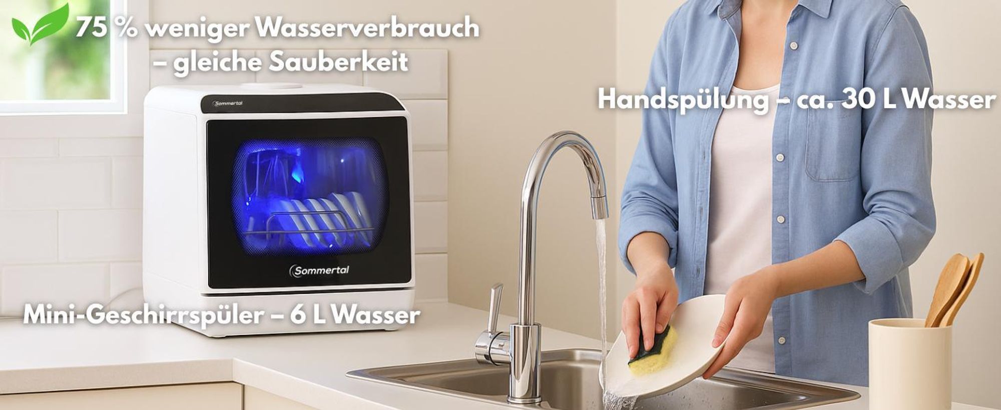Sommertal Tischgeschirrspüler SP5 Dual – Mini Spülmaschine oder Tischspülmaschine mit 6 Waschprogrammen, 360° Reinigungsabdeckung, flexible Wasserversorgung – effizient & umweltschonend