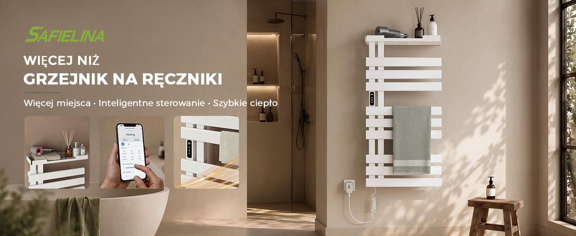 S'AFIELINA Grzejnik Łazienkowy Elektryczny 1050×500 mm 335 W Biały, Grzejnik na Ręczniki z Półką, WiFi, Ogrzewanie Włóknem Węglowym, 6 Trybów