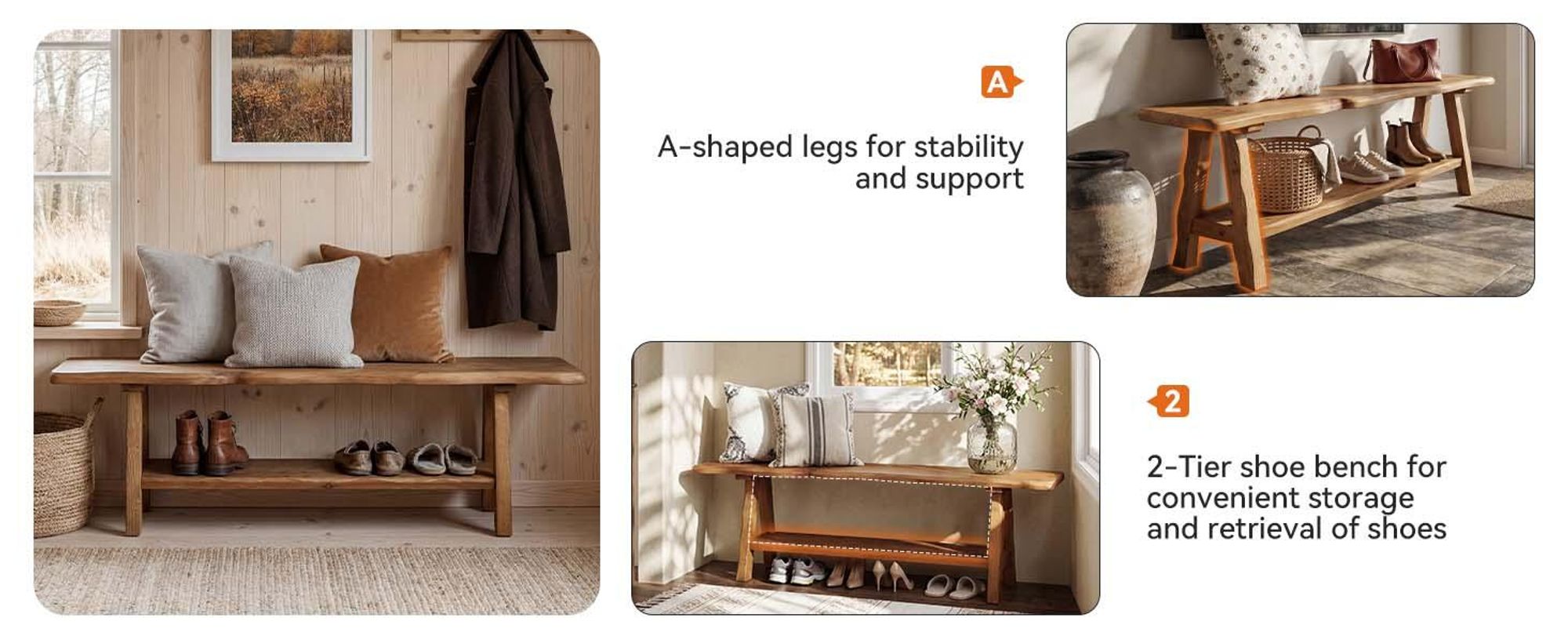 140 cm lange Eingangsbank aus Massivholz, Landhausstil, lange Bank am Fußende des Bettes, Schuhbank mit Baumkante, Essplatz für Eingangsbereich