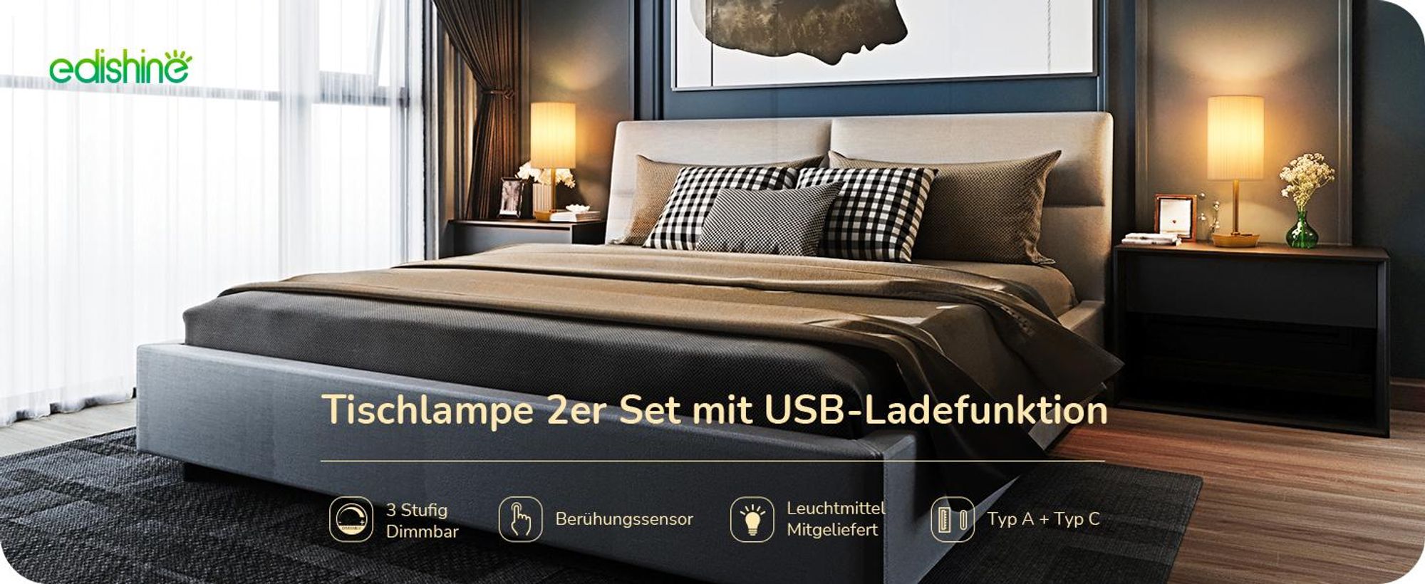 EDISHINE LED Nachttischlampe 2er Set Touch Dimmbar, Tischlampe mit Ladefunktion, Gold beige