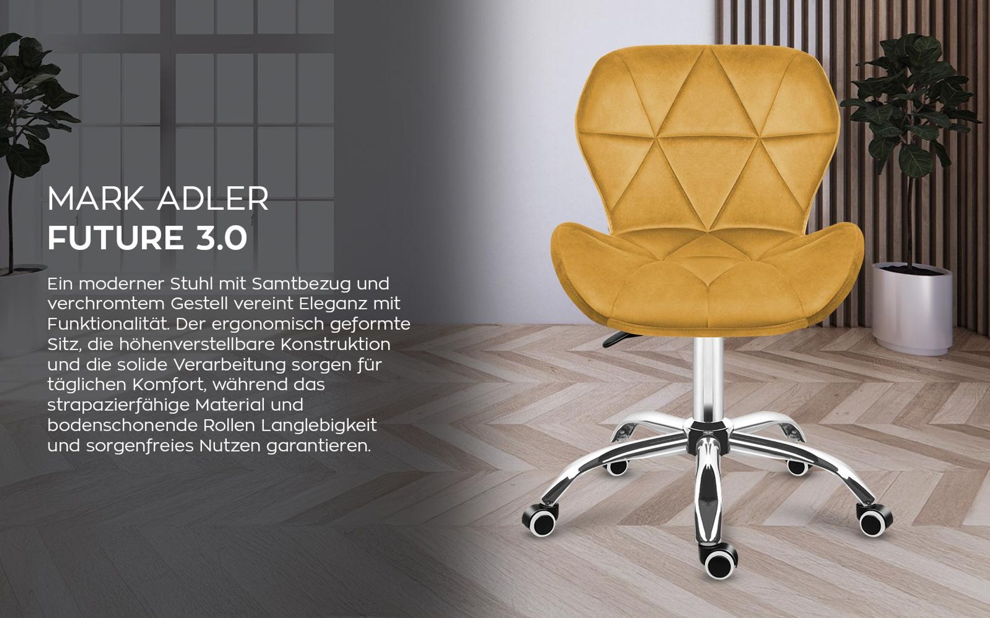 MARK ADLER Future 3.0 | Drehstuhl Bürostuhl Polsterstuhl | Höhenverstellbar bis 130 kg belastbar Samt Velours | Homeoffice Schminktisch | Senfgelb