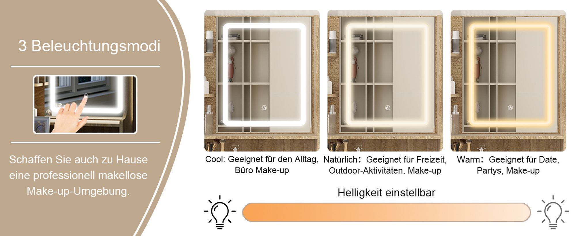 Puluomis Schminktisch mit LED Beleuchtung Spiegel, Kosmetiktisch Frisiertisch mit gepolstertem Hocker,3 Beleuchtungmodi, Holzfarbe