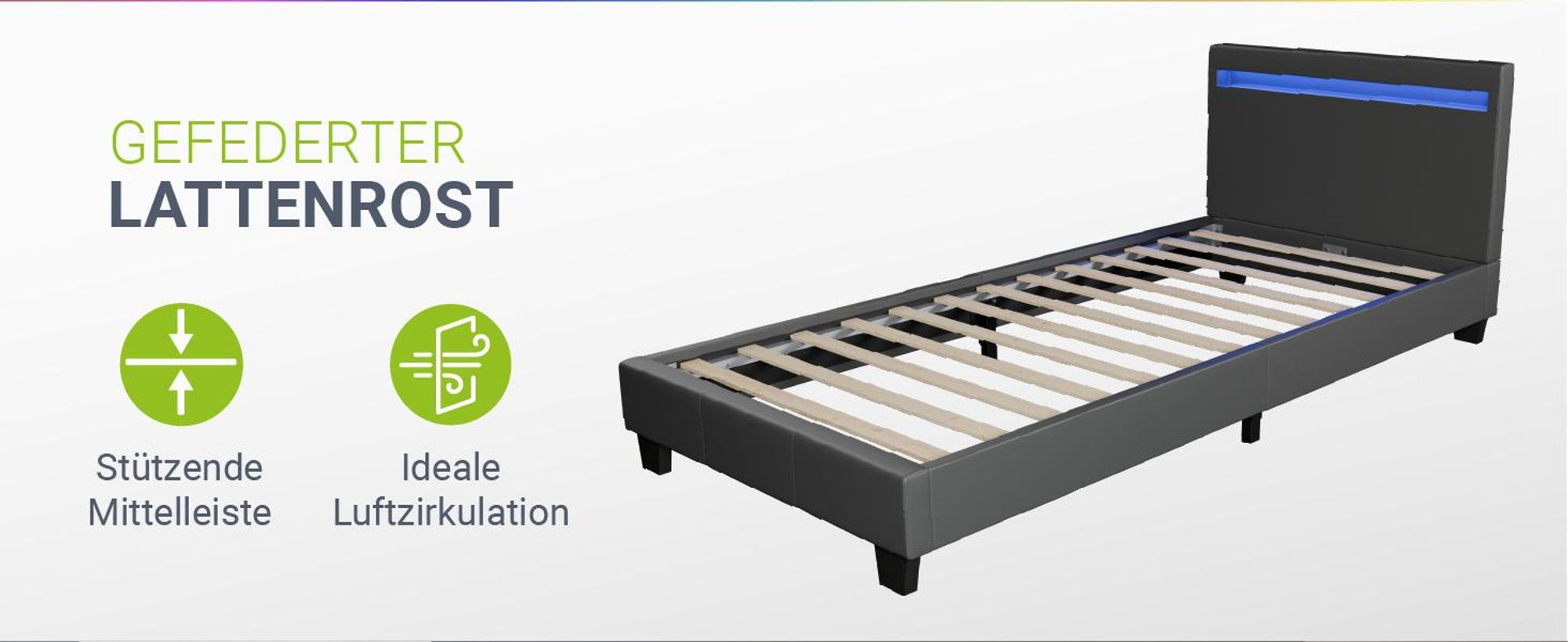 Juskys Polsterbett Paris - 90x200 cm - Bettgestell inkl. LED-Beleuchtung, Lattenrost & Matratze - grau - Stoff - Einzelbett Jugendbett