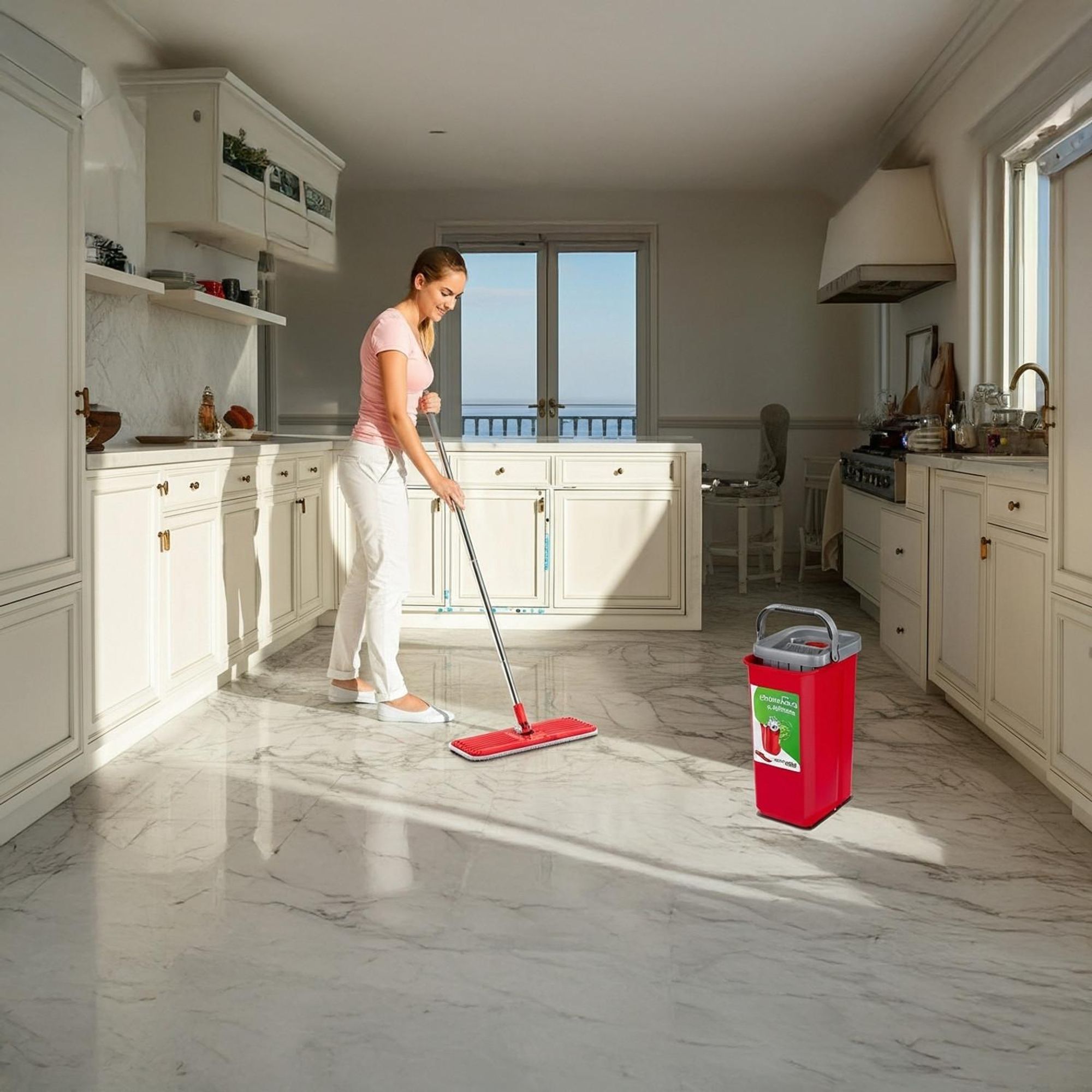 MaxiClean Flachmopp Set mit 2 in 1 Putzeimer 5,7L Wischmop Set Bodenwischer Mopp Mop Reinigungssystem 360°