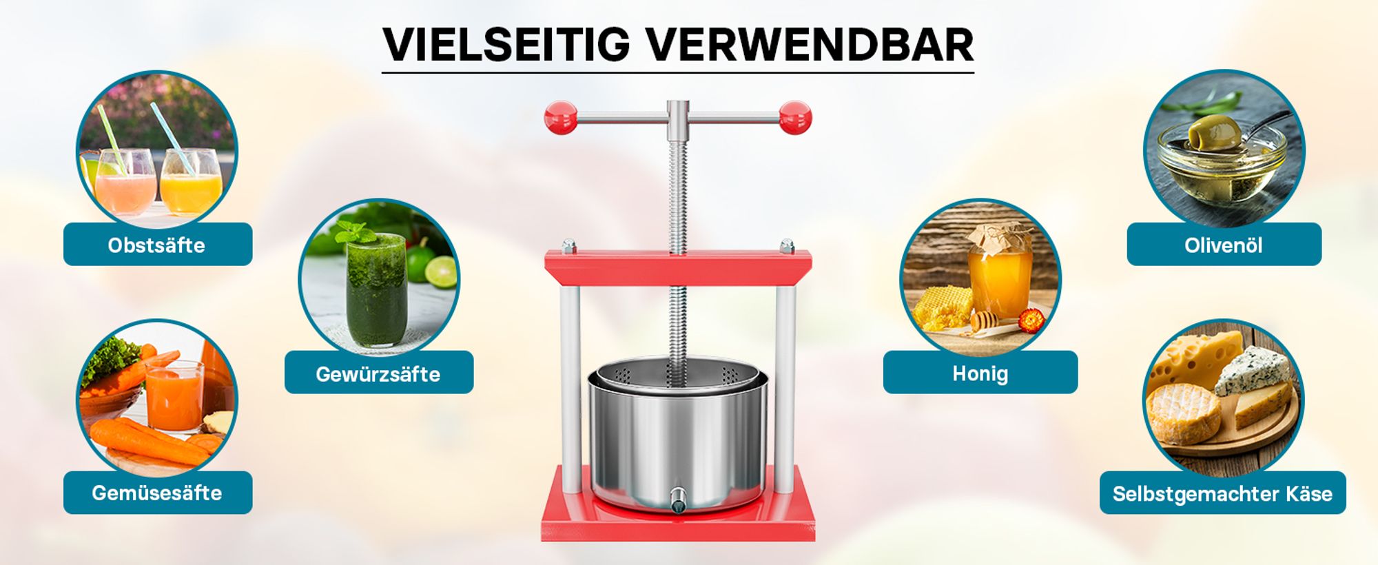 Wiltec Obstpresse 6L Weinpresse aus Stahl Edelstahlkorb Fruchtpresse mit 2-armigen Drehgriff Saftpresse Beerenpresse