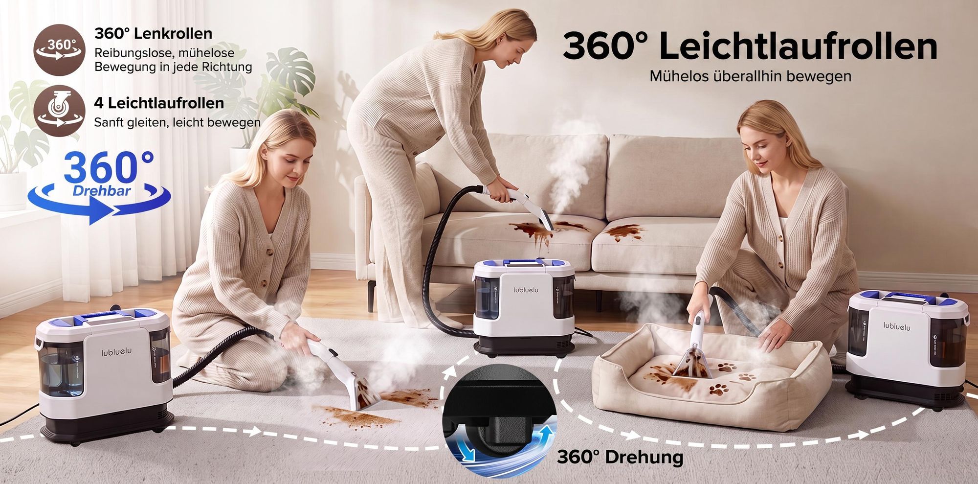 Lubluelu V11 Polsterreiniger Waschsauger Teppichreiniger 30KPa Dampffunktion 4 Modi 1900W mit 1,9L+1,1L Doppeltank für Sofa Auto Matratze Touchdisplay
