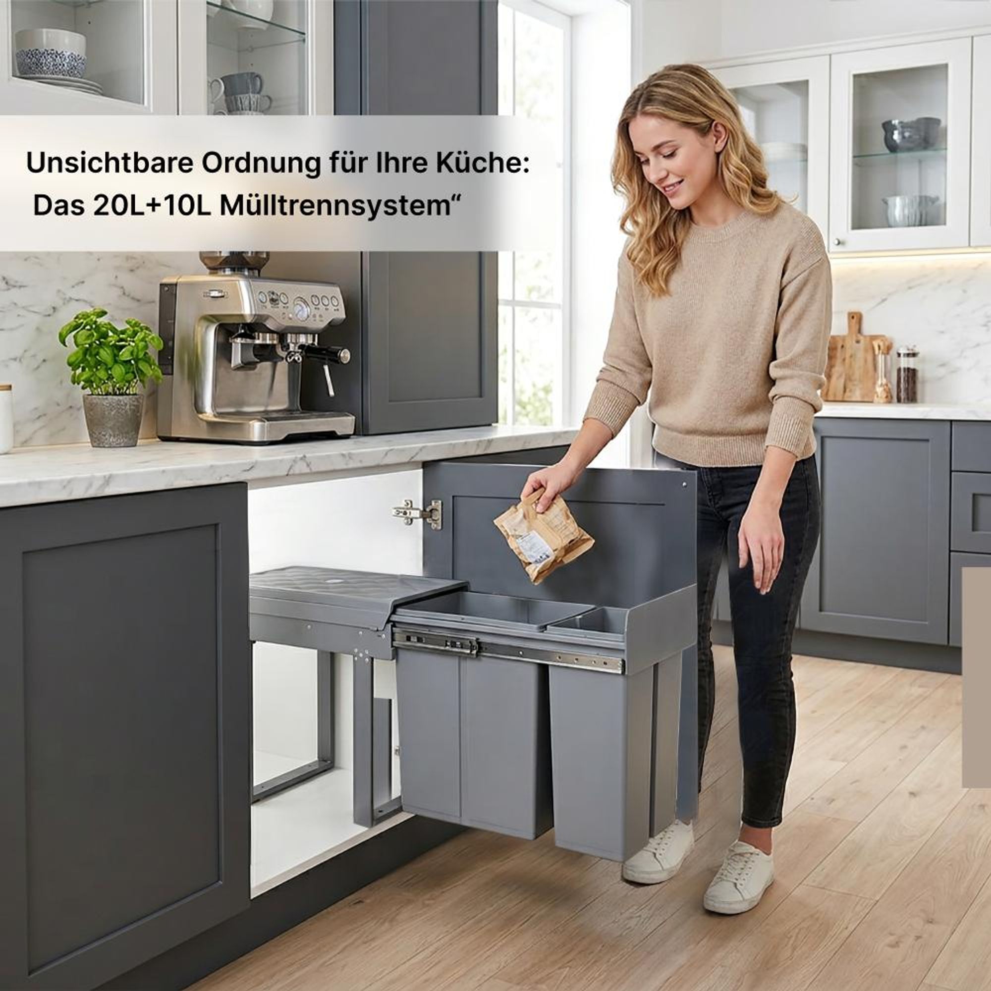 MinteLiv Einbaumülleimer 20L+10L Mülltrennsystem Ausziehbar, Stahlrahmen, 48x33,5x42cm