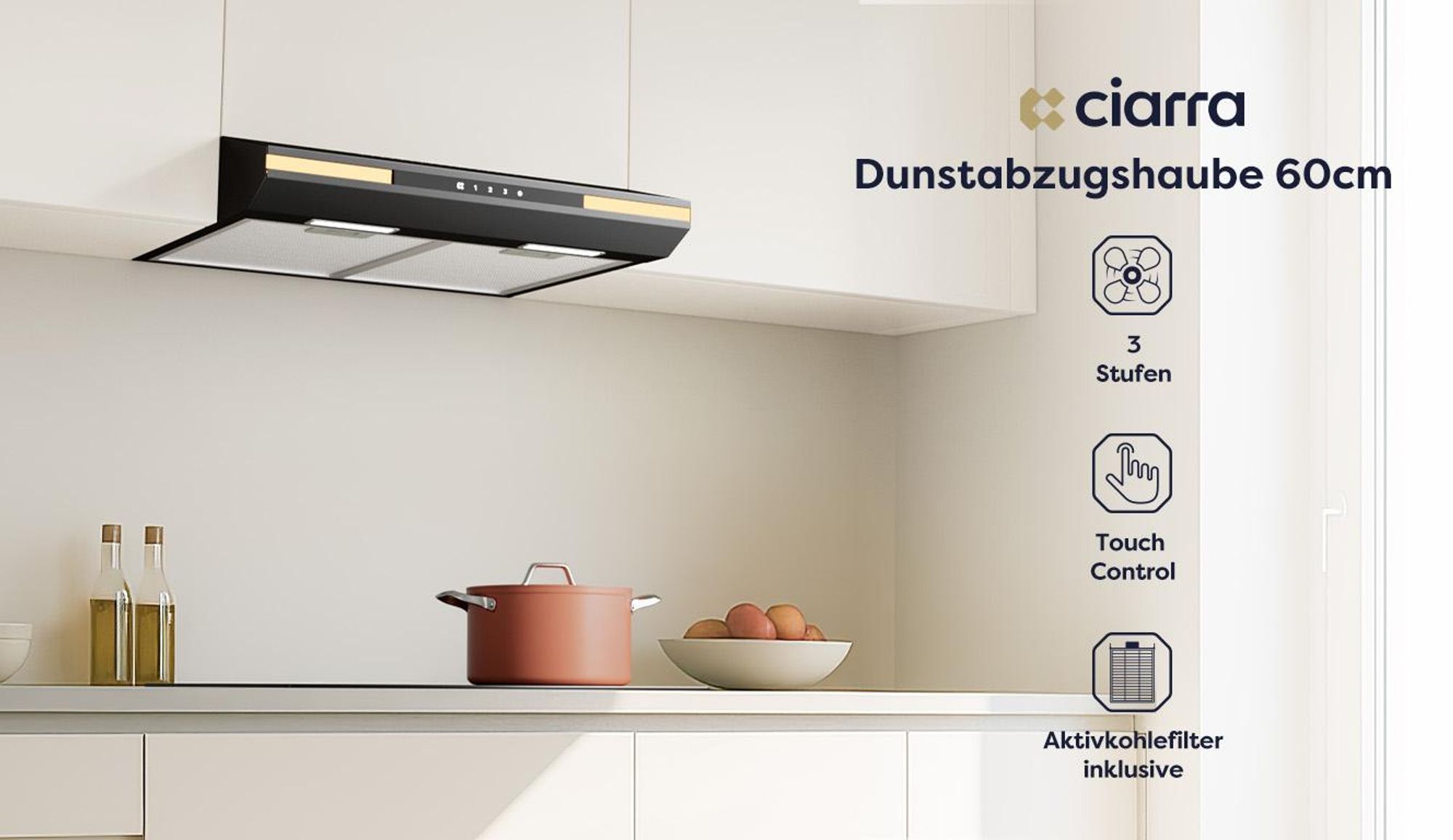 Unterbauhaube 330 m³/h, 60cm Eingebaute Dunstabzugshaube, Touch-Control, DC-Motor Umluft/Abluft VM6921B