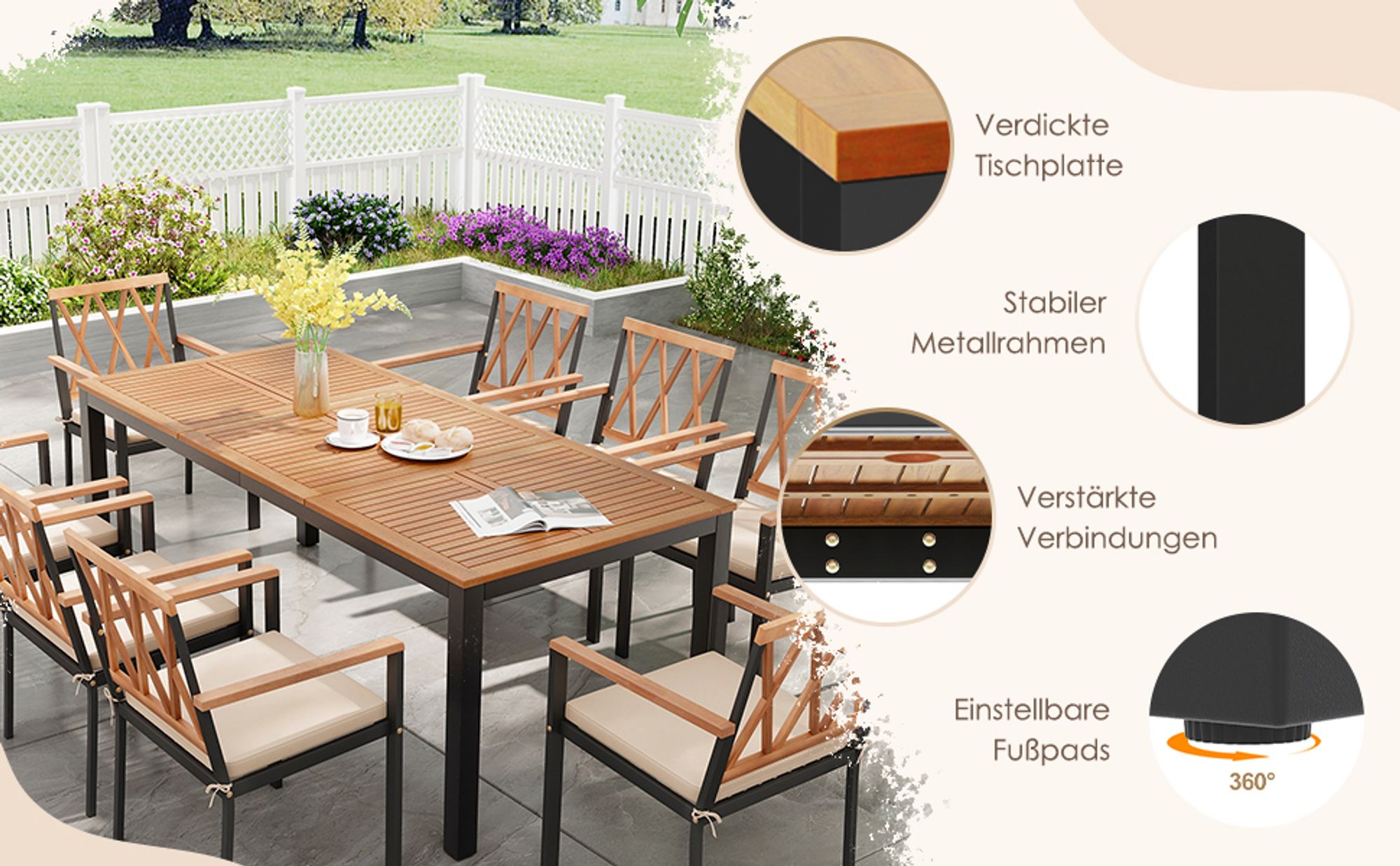 COSTWAY Gartentisch für 8 Personen Akazienholz, Garten Esstisch mit 5cm Schirmloch 200x90x75cm
