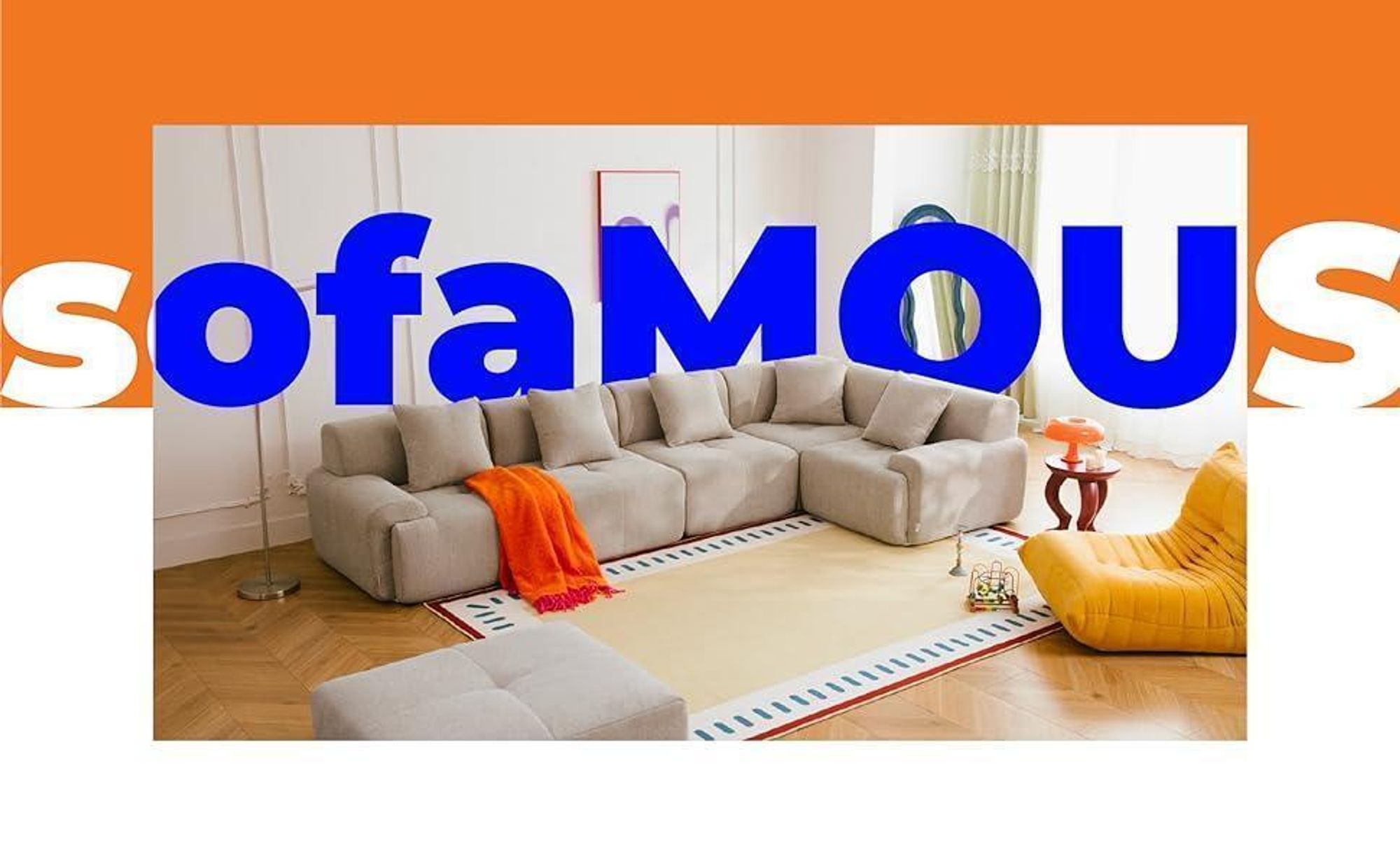 DIVANO ANGOLARE MODULARE MILYSOFA SOFAMOUS, 4 posti, con chaise longue, rivestito in tessuto di ciniglia color sabbia