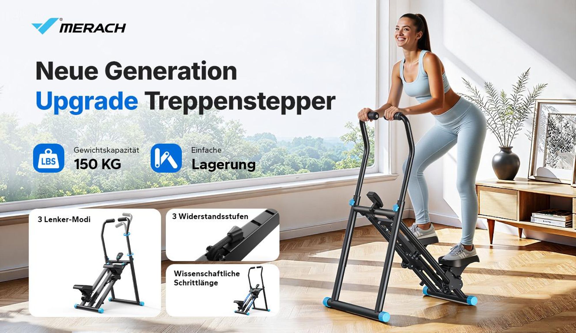 MERACH Klappbarer Stepper & Vertical Climber Heimtrainer – 3 Stufen & höhenverstellbar, LCD-Display & rutschfeste Pedale