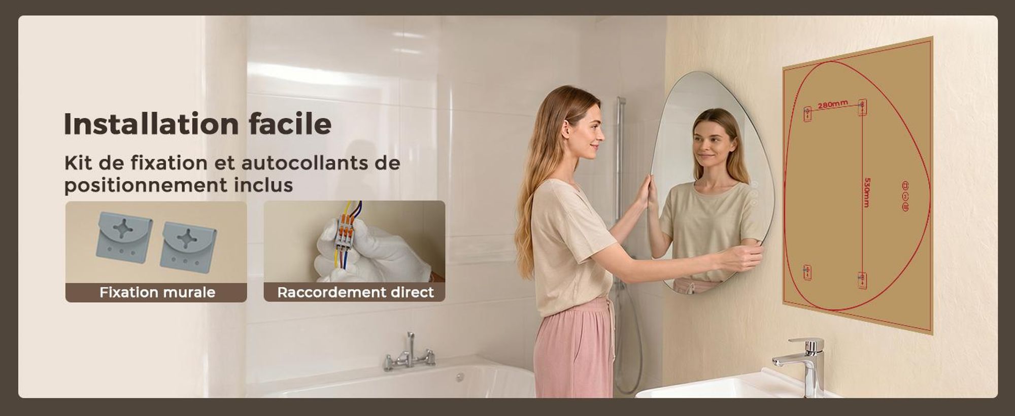 Miroir de salle de bain asymétrique AFIELINA avec éclairage LED, 60 x 70 cm, sans cadre, 3 couleurs de lumière, variateur d'intensité, anti-buée, fonction mémoire