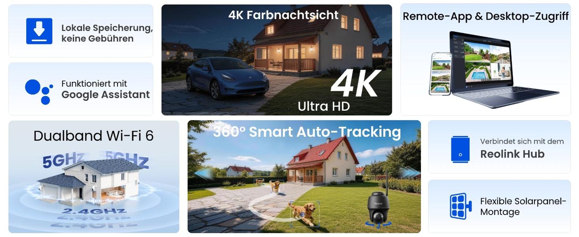 Reolink Argus PT Ultra + Solarpanel, 4K 8MP Akku Überwachungskamera Aussen, 2,4/5GHz WiFi, Auto-Tracking, Farbnachtsicht, Smarte Erkennung, Schwarz